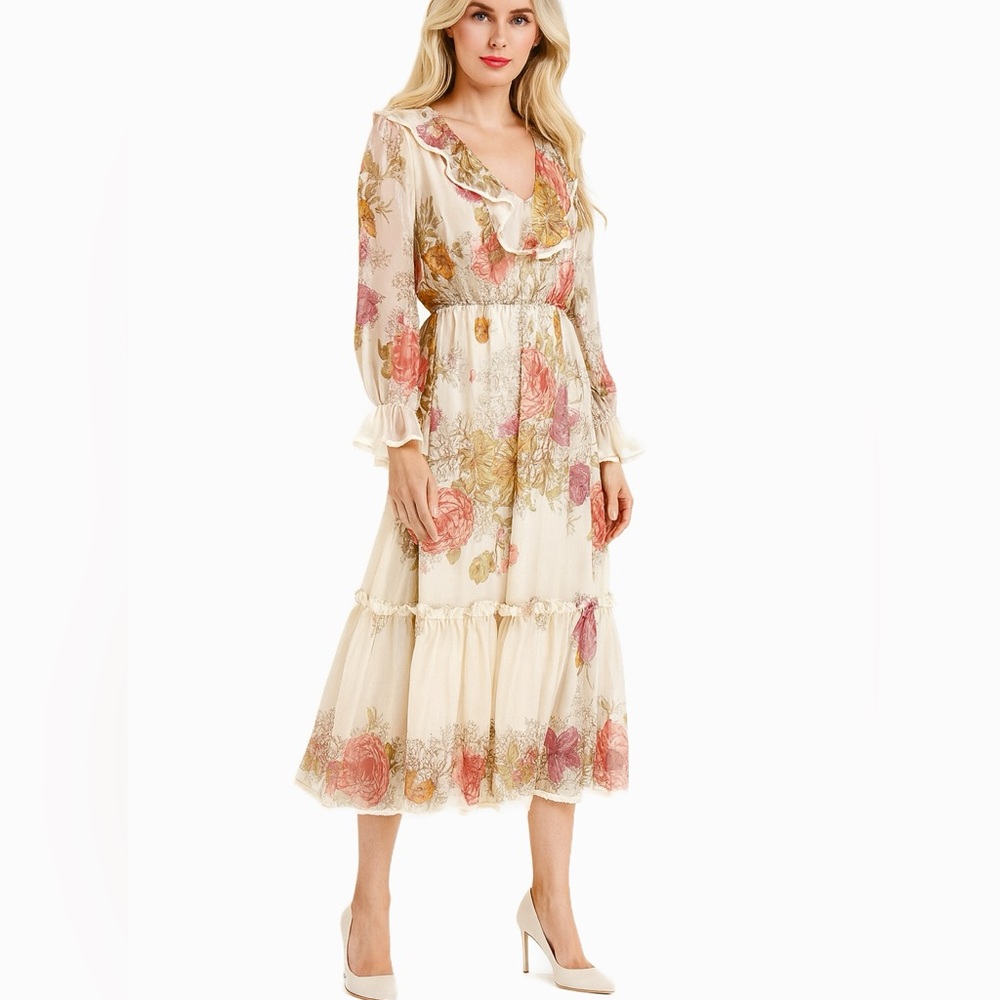 J Peterman Chiffon Ruffle Dress 12 Floral Feminine Tiered Romantic